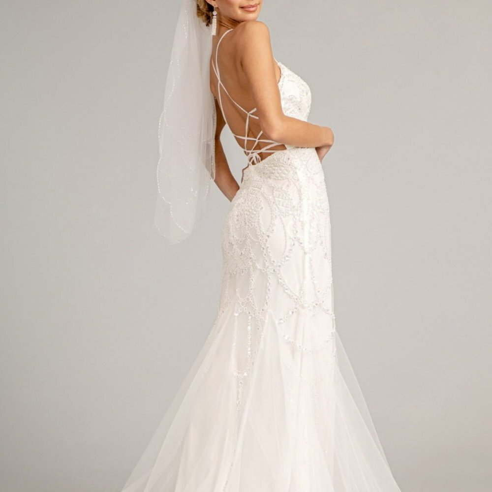 IVORY PROM PARTY Embroidered Mermaid Wedding Gown Open Back Laced Up GL3009